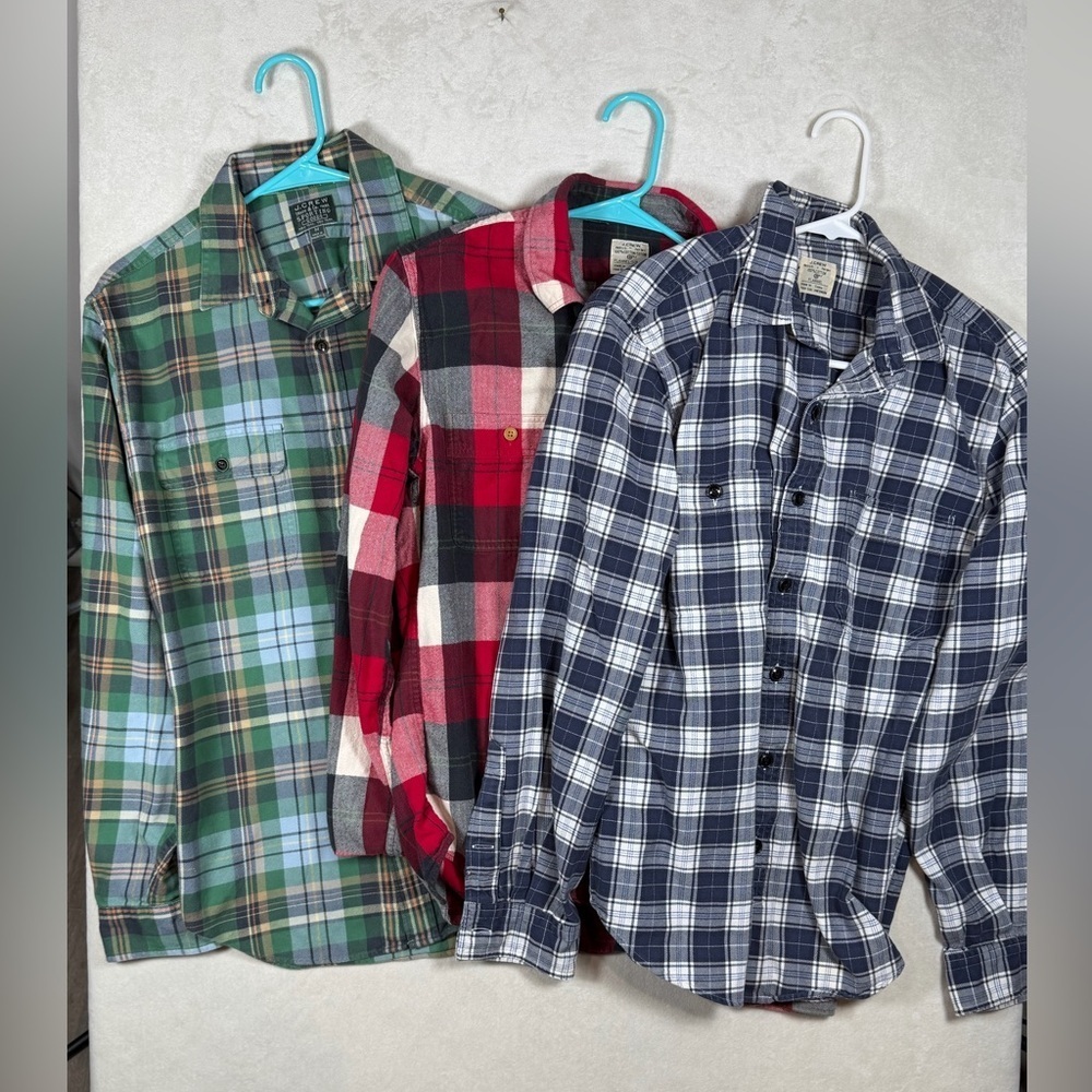 Lot of 3 J. Crew Size Medium Casual Flannel Plaid Shirts - Green, Red, Blue